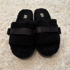 UGG Black Fluffy Slide Sandals with Strap